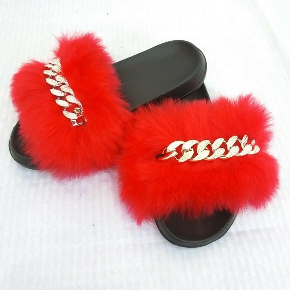 Unbranded Shoes - Red Faux Fur Slides/Slippers/With Chain